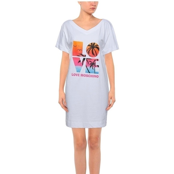 LOVE MOSCHINO White Cotton Palm Tree Print Crewneck T-Shirt Dress US 4 - Picture 10 of 15